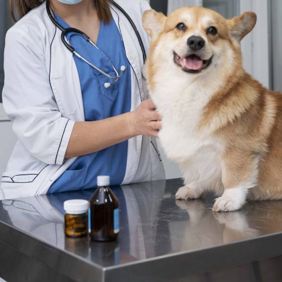 A person with a stethoscope and a dog